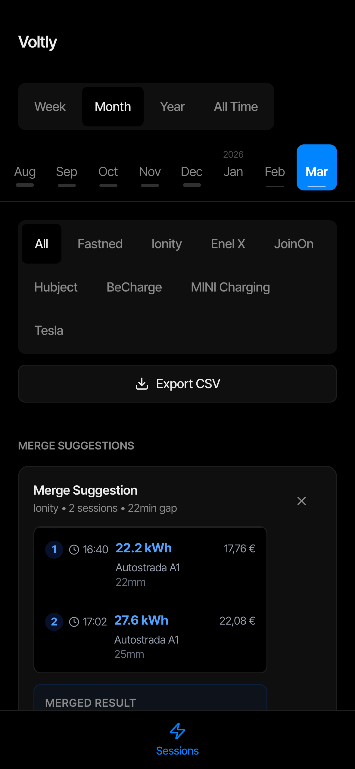 Voltly — smart merge di sessioni