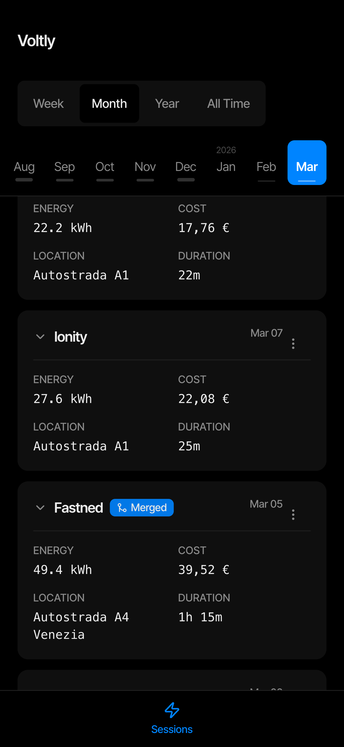 Voltly — storico sessioni di ricarica